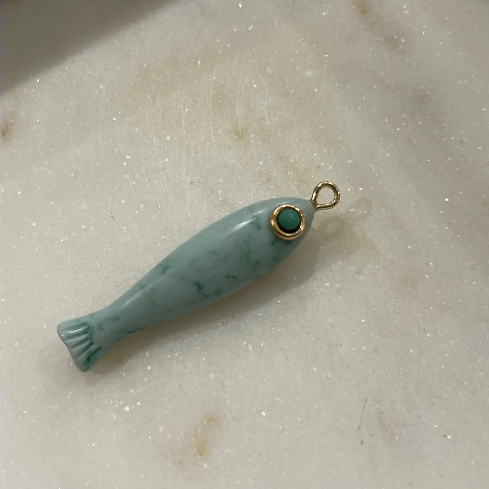 Seafoam Mint Marbled Fish Pendant - Tropical Stone-Look Charm 1 1/4”